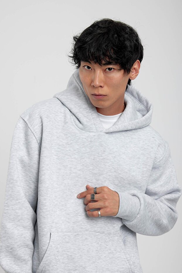 Gray Hooded Basic Raised Sweatshirt - 4