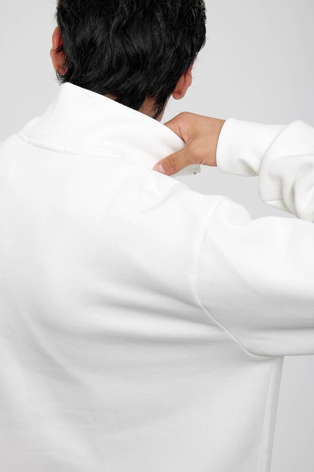 White Basic Raised Sweatshirt with Zippered Collar - 4