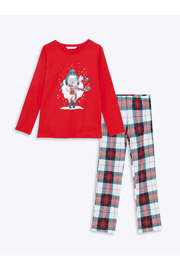 Bisiklet Yaka Yılbaşı Temalı Kadın Pijama Takımı - 5