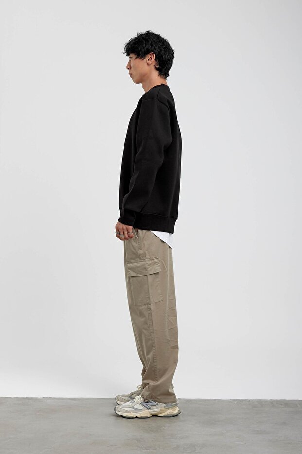 Siyah Bisiklet Yaka Basic Şardonlu Sweatshirt - 3