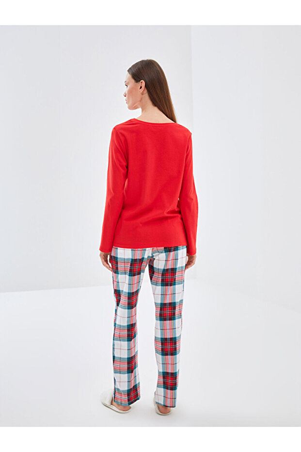 Bisiklet Yaka Yılbaşı Temalı Kadın Pijama Takımı - 4