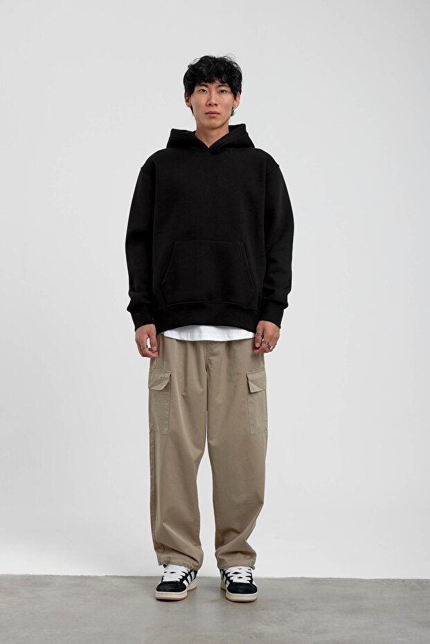 Siyah Kapüşonlu Basic Şardonlu Sweatshirt - 1
