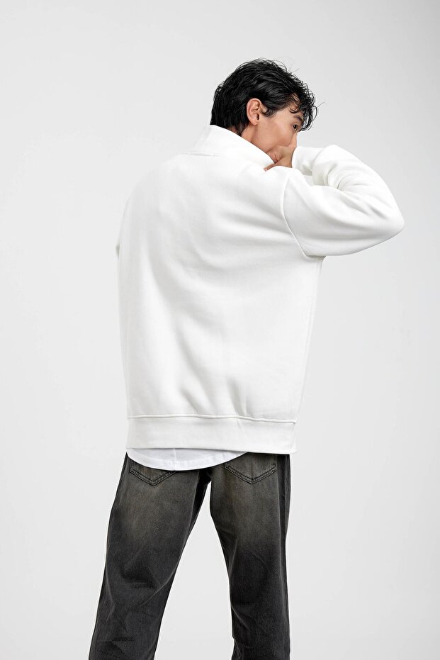 White Basic Raised Sweatshirt with Zippered Collar - 6