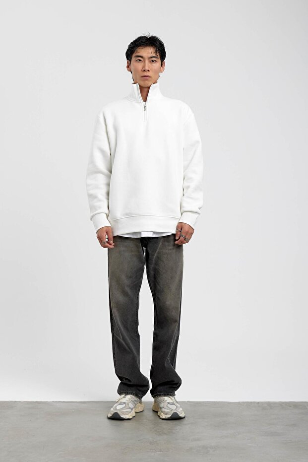 White Basic Raised Sweatshirt with Zippered Collar - 1