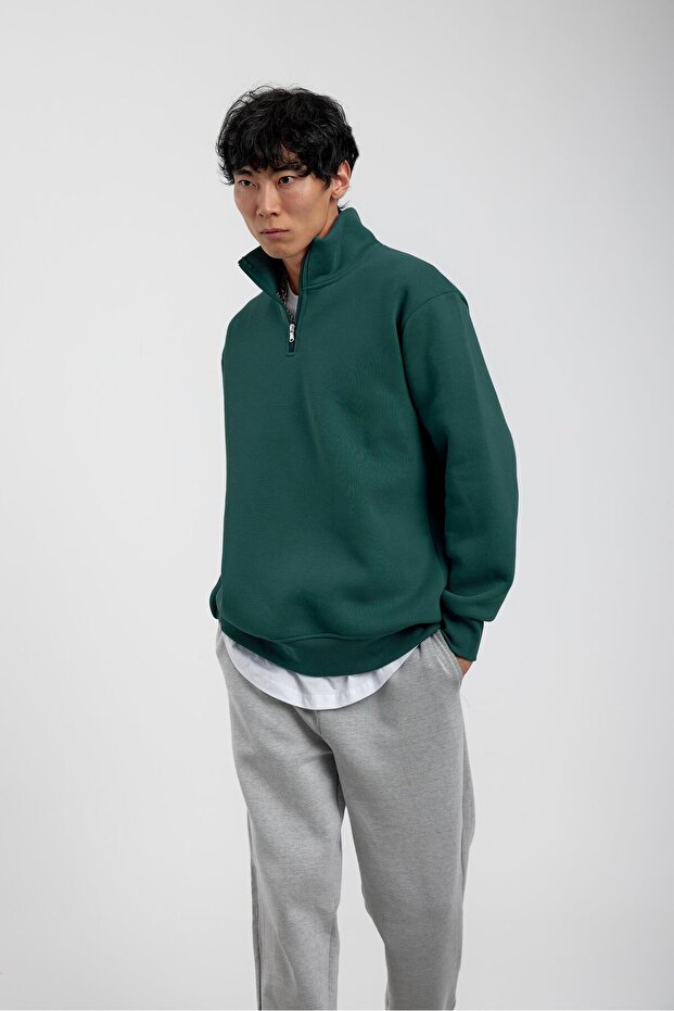 Green Basic Raised Sweatshirt with Zippered Collar - 2