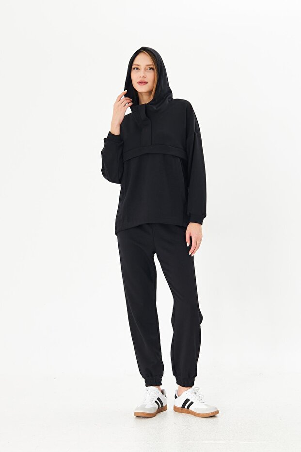 Women's Black Oversize Hooded Top and Bottom Tracksuit Set 12807