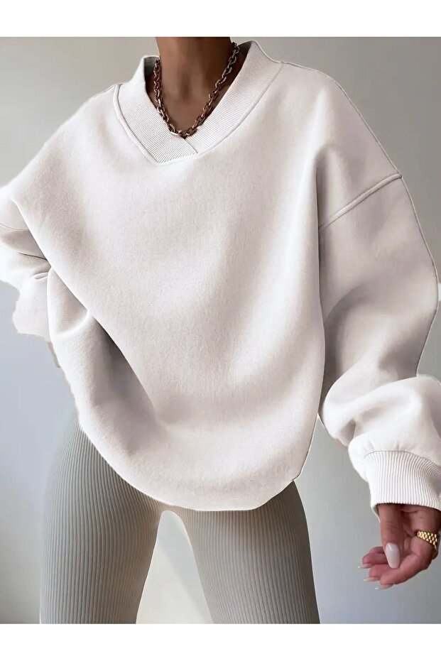 Oversize V-Neck Sling Sleeve Detail Sweatshirt