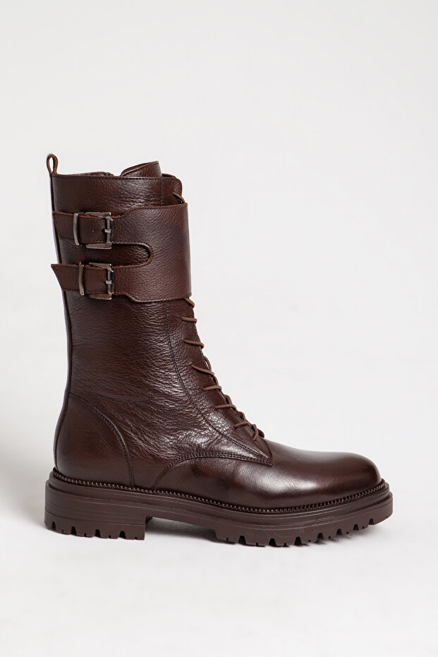 Deriklub Women's Boots Thick Sole Zippered Belt Buckle Casual Boots Real Leather Br 06146 Brown