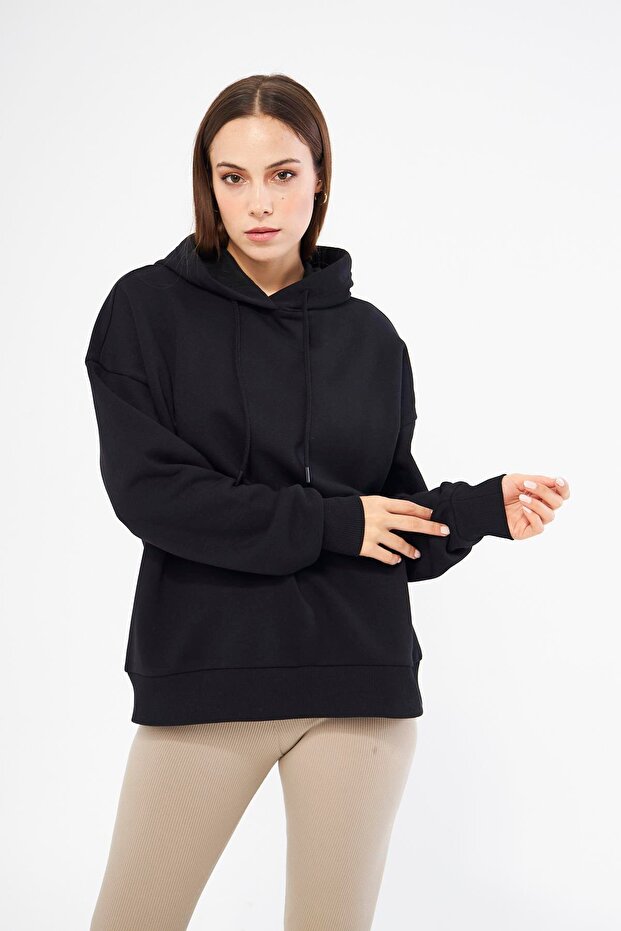 Women's Oversize Basic Hooded Hooded Sweatshirt Black - Fruno