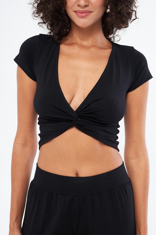 Women's Twisted Detailed Short Sleeve Black Blouse - Twist