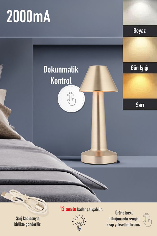 Percy Nikel Şarjlı Dokunmatik Dim Edilebilir 3 Renkli Masa Lambası 2000ma Pil Gücü Ile 7 Saat - 1