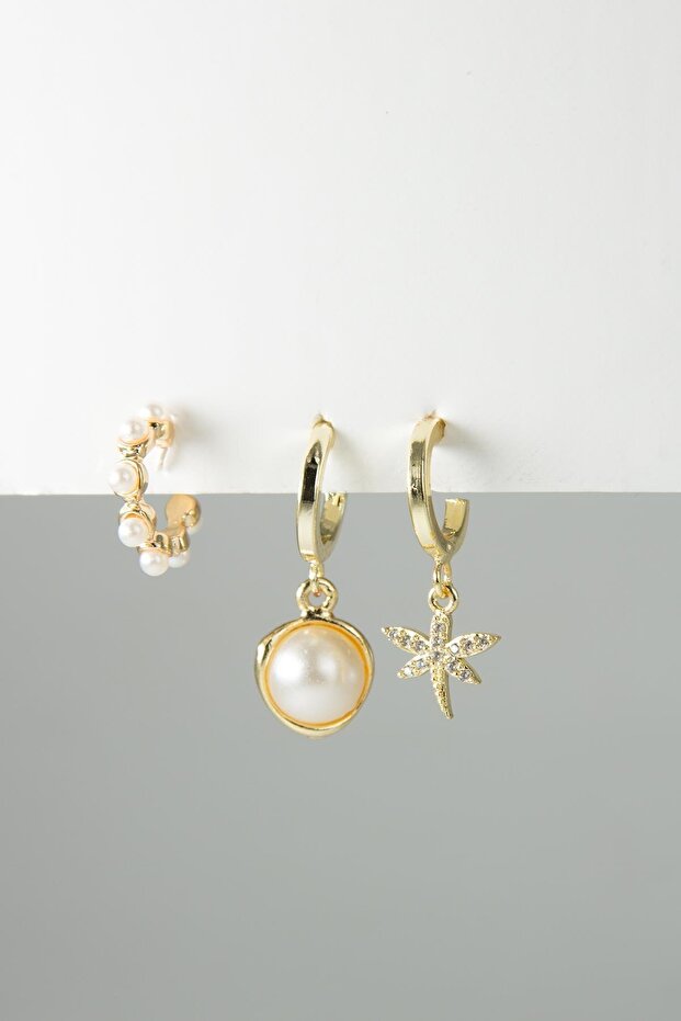 Gold Incili Küpe Seti - 1