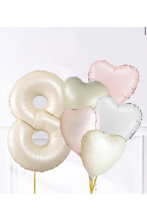 8 Years Old Satin Pink White Retro Cream Colors Heart and Age Number Birthday Balloon Set 6 Pieces