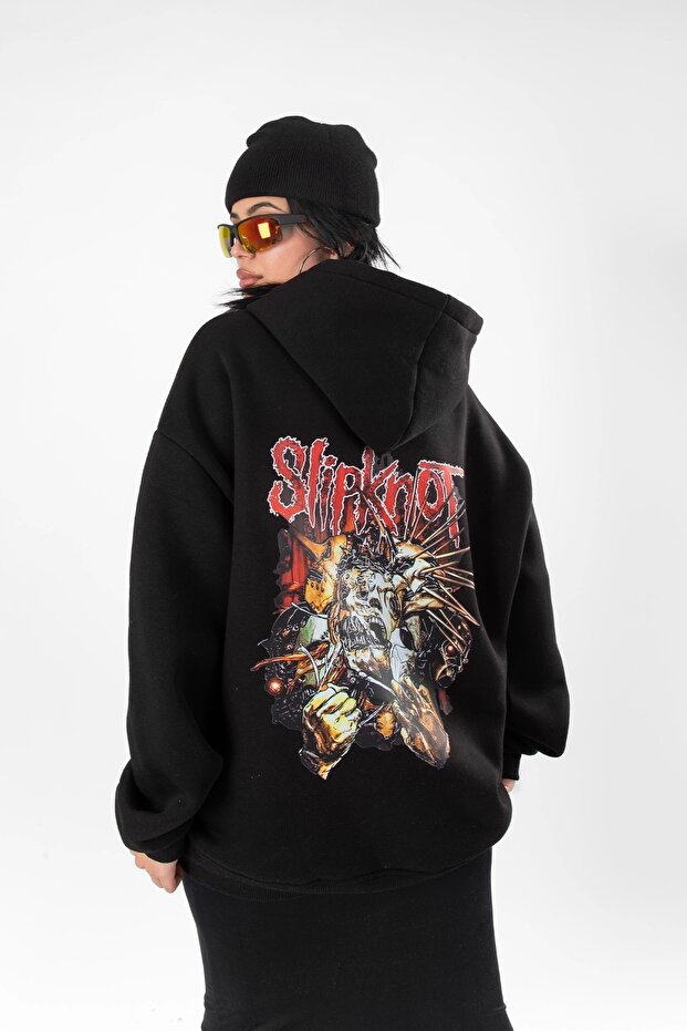 هوديي للجنسين بطبعة خلفية Slipknot سوداء كبيرة الحجم