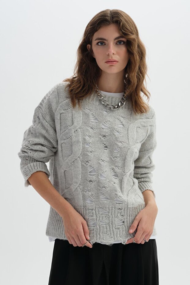 Gray Perforated Knitwear Sweater