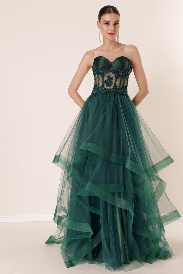 Bead Embroidered Sheer Layered Tulle Taffeta Long Evening Dress