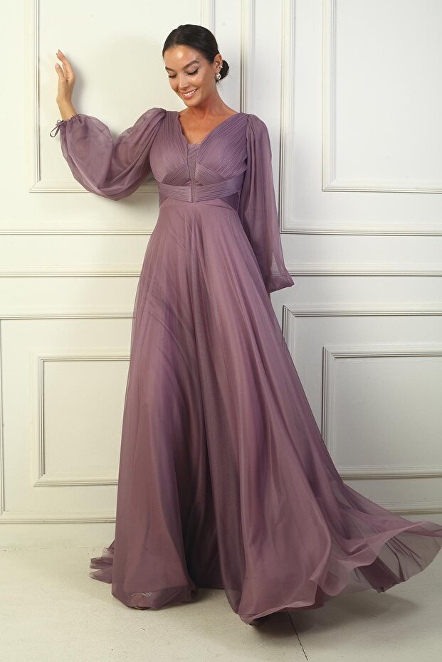 V-neck Balloon Sleeve Long Tulle Dress - Front and Back Design