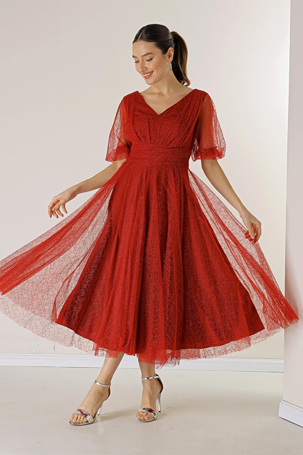 Front and back V-neck short balloon-sleeve lined spider-pattern glittery dalya fabric dress