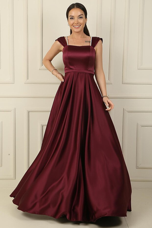 Spaghetti Strap Stone Detailed Square Neck Lined Long Satin Dress