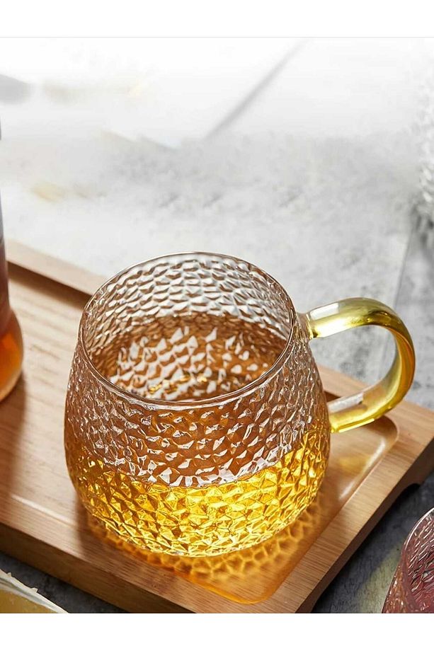 Sarı Saplı Petek Desen Borosilikat Cam  Kupa 400 ml - 3