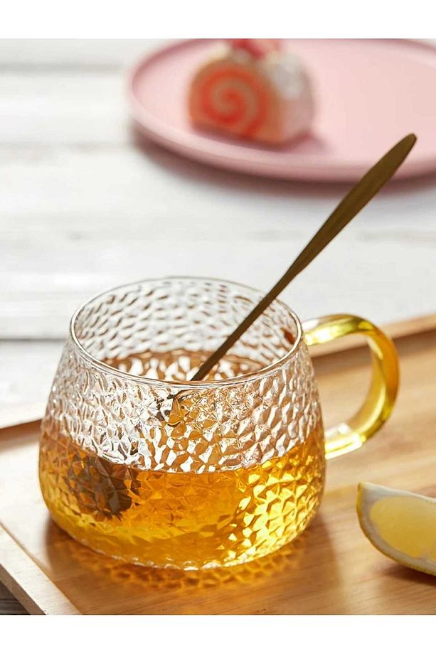 Sarı Saplı Petek Desen Borosilikat Cam  Kupa 400 ml - 1