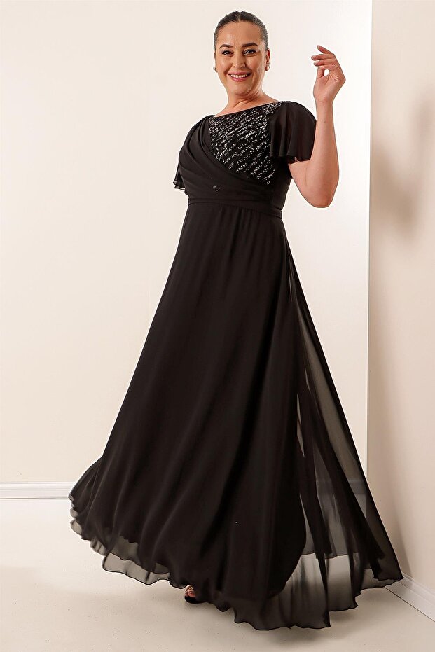 Front Beaded Lined Long Plus Size Chiffon Dress