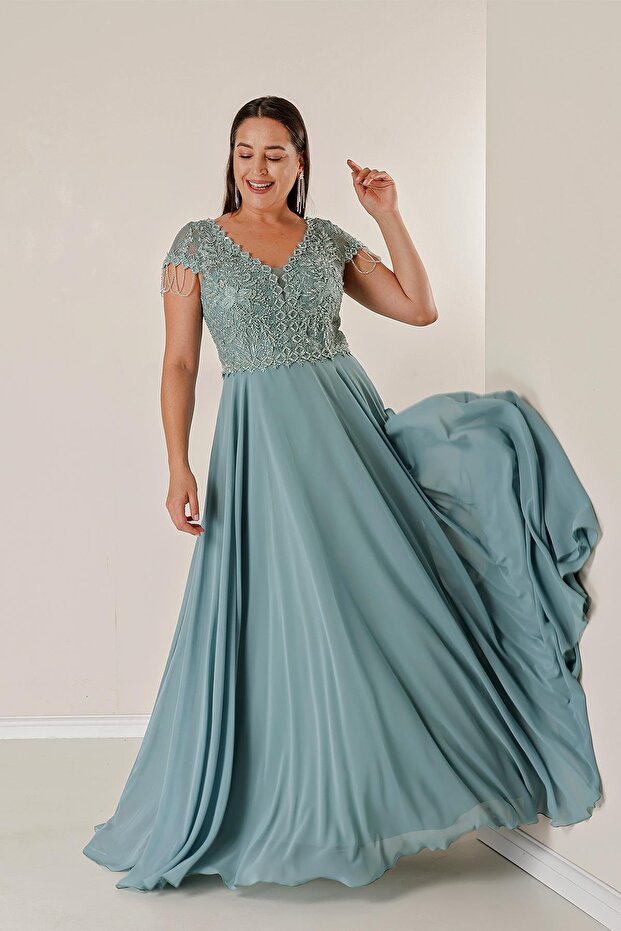 Plus Size Chiffon Long Dress with Front Back V-Neck Bead Guipure Detail