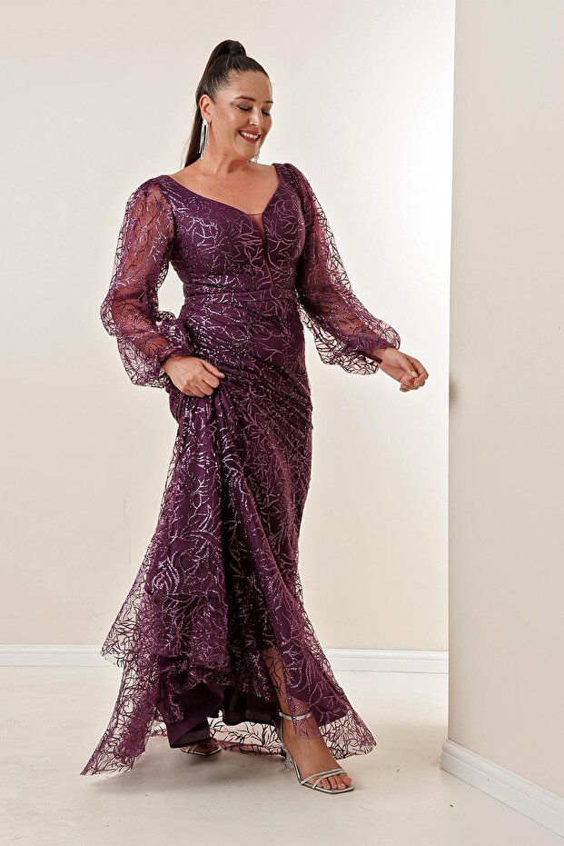Front Back V-Neck Glittery Flock Print Plus Size Long Dress