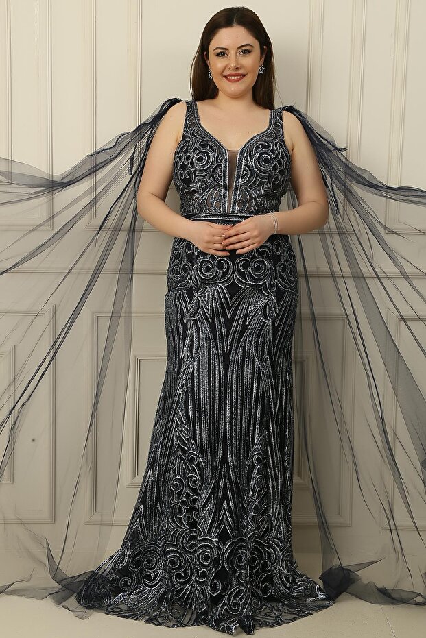 Lined Plus Size Lurex Long Dress with Tulle Shawl Off the Shoulder