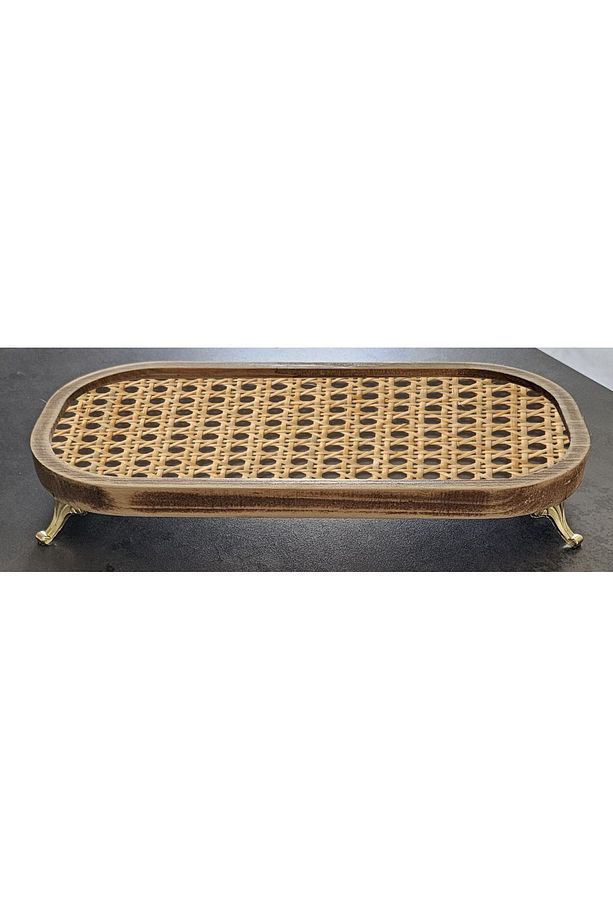 Ahşap Rustik Gold Ayaklı Hazeran Tepsi Rattan Sunum - 5
