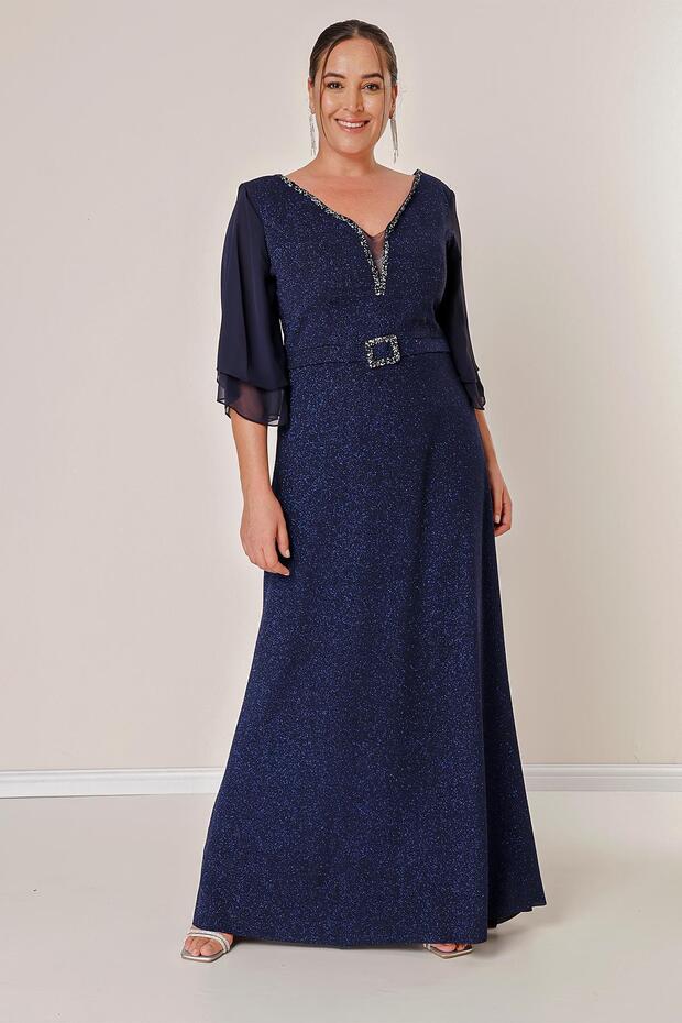 Front Back V Neck Chiffon Sleeves Lined Buckle Plus Size Silvery Long Dress