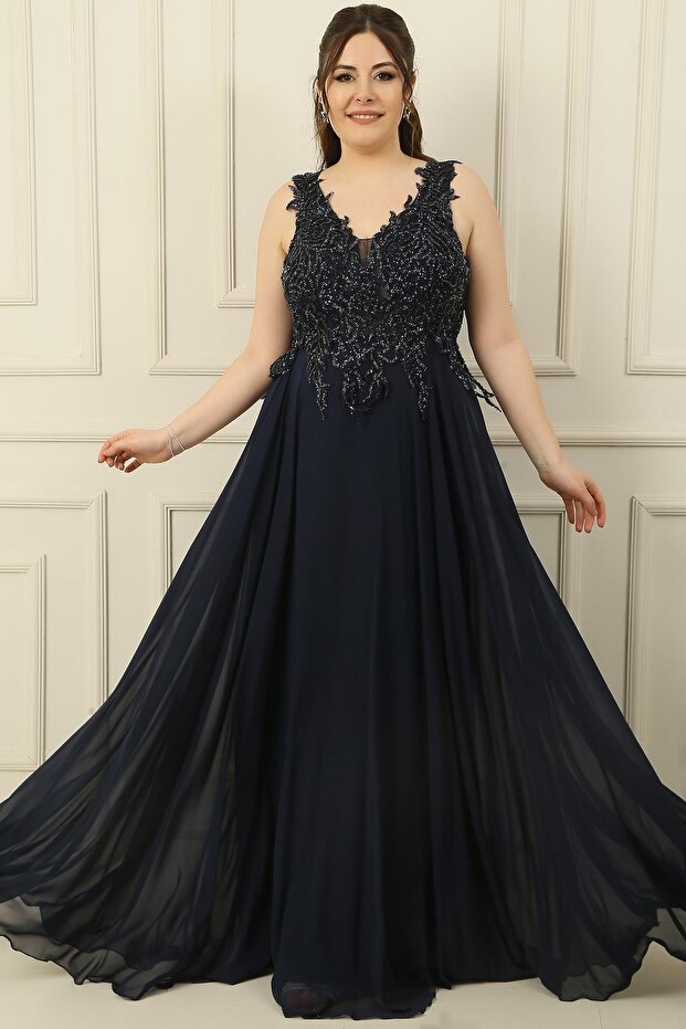 Front Back V-neck Top Beaded Lining Plus Size Long Chiffon Dress