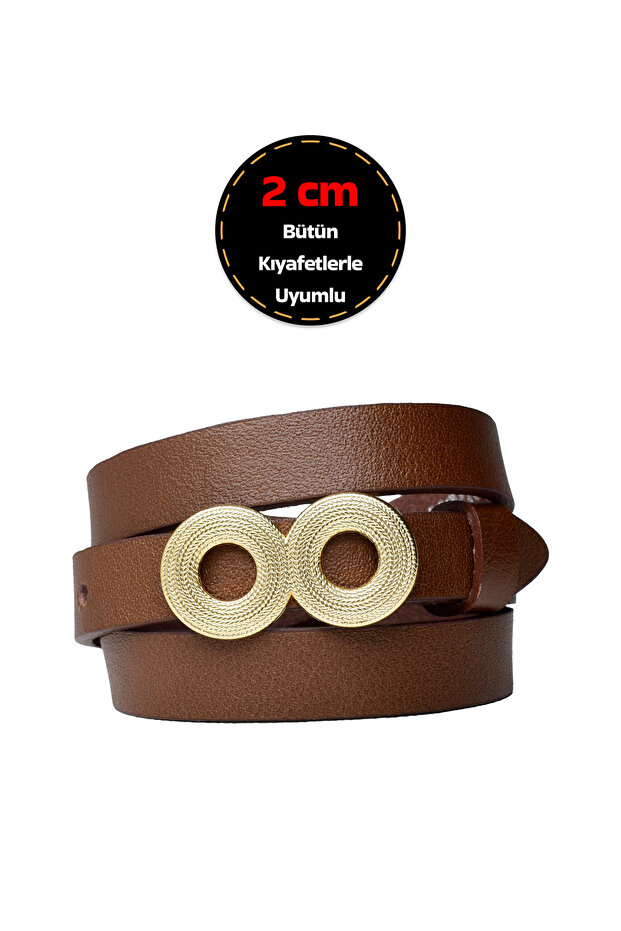 Women's Light Brown Belt with 100% Genuine Leather, Gold Color Buckle 2 Cm; Dress, Pants Belt_Gözov