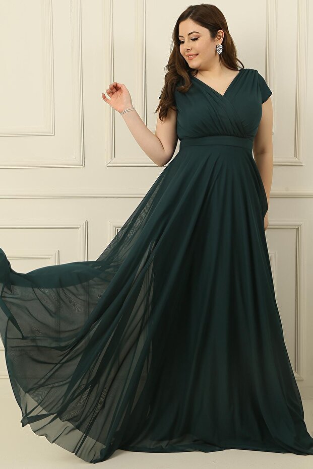 Dvouřadý límec podšitý rukávem na nehty Plný kruh rozšířený šifonový tyl velké velikosti Dlouhé šaty - 1