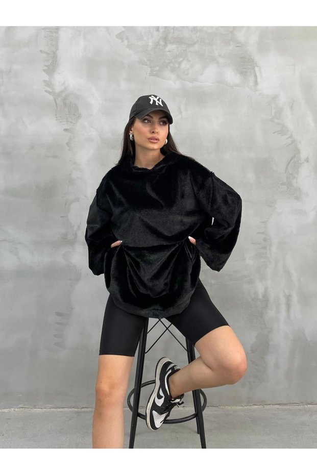 Women's Sweatshirt Oversize Plush Hooded with Pockets and Elasticated Sleeves