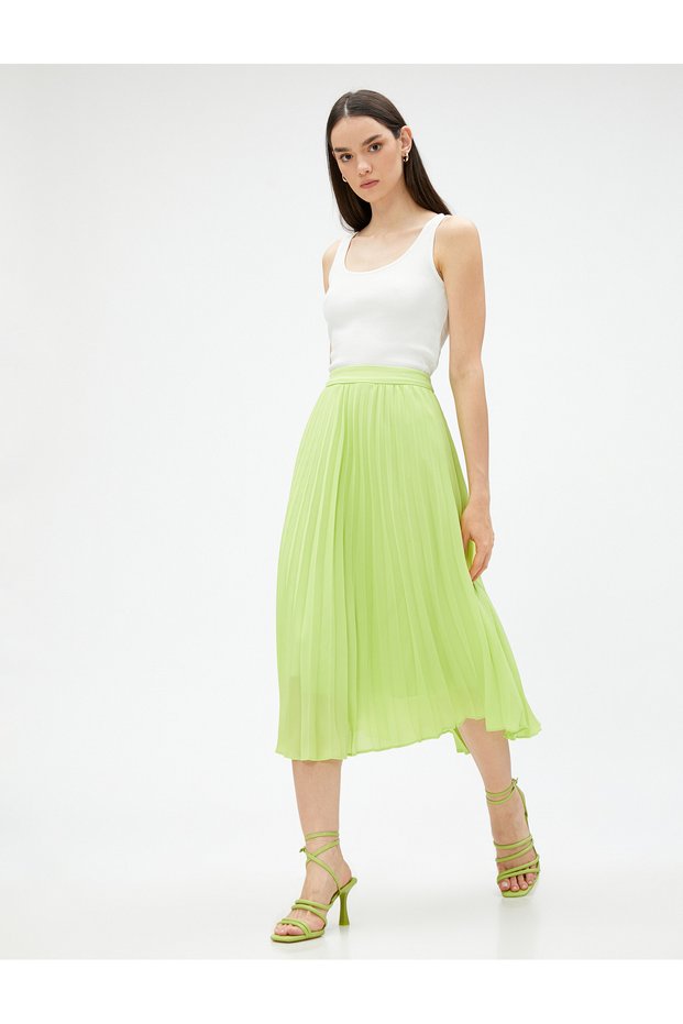 Pleated Skirt Midi Length Chiffon Elastic Waist