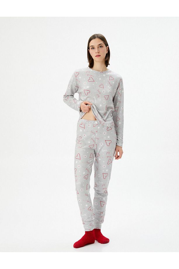 Yılbaşı Pijama Takımı Uzun Kollu Bisiklet Yaka Dar Paça - 1