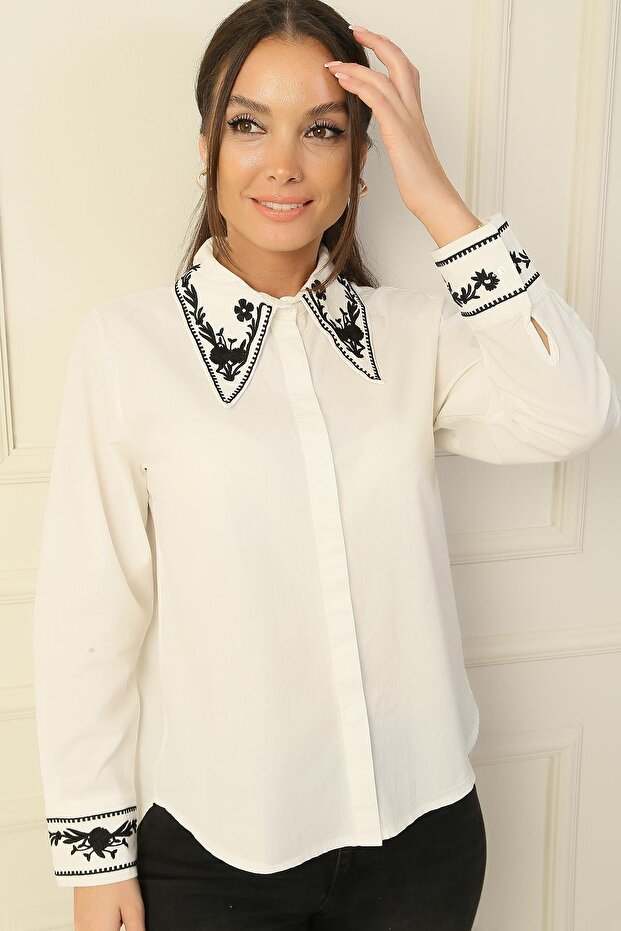 Yakası Ve Kolları Nakış İşlemeli Gömlek - 3