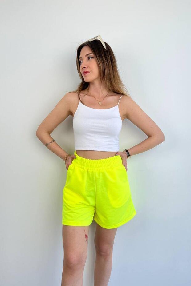 Hannah Bel Lastikli Basic Penye Şort Neonsarı - 1
