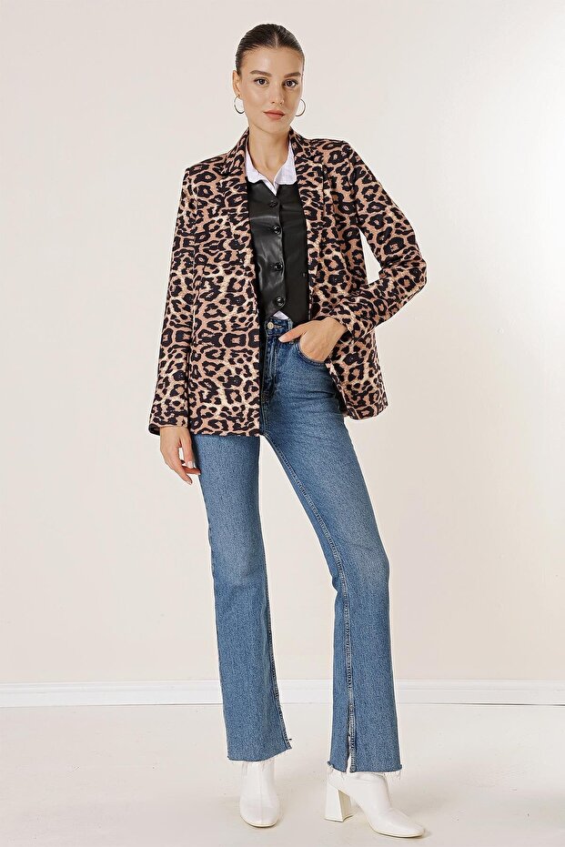 Single Button Lined Leopard Pattern Comfortable Fit Jacket - 3