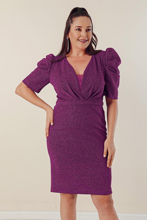 Rochie cu decolteu în V, căptușită, drapeată din Lurex - 3