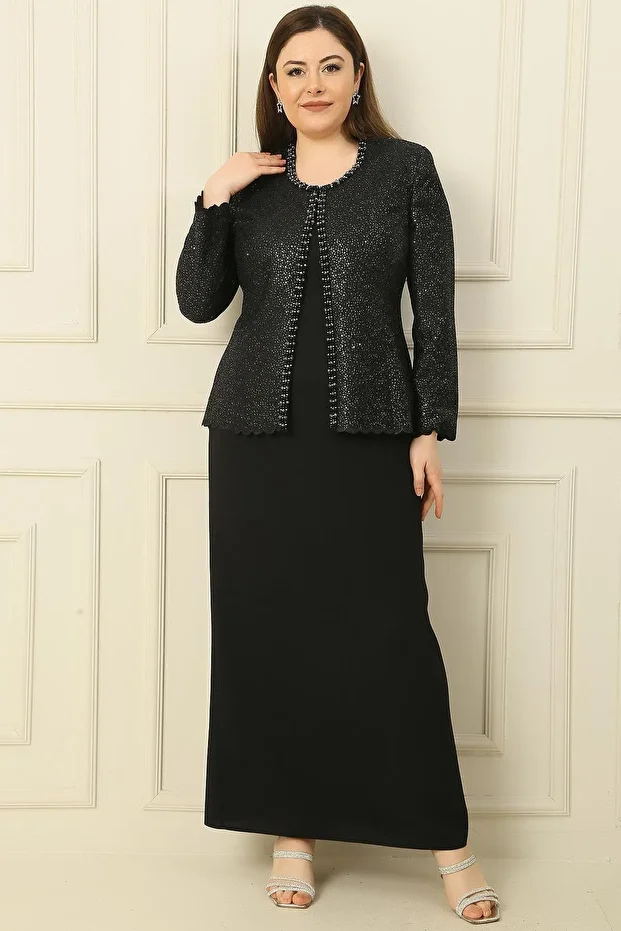 2-teiliges Set mit Kragen, Steinfutter, langem Kreppkleid und Paillettenjacke in Übergröße - 1