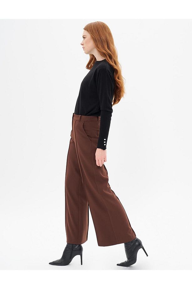 Çima Detaylı Geniş Paça Pantolon Koyu Kahve - 3