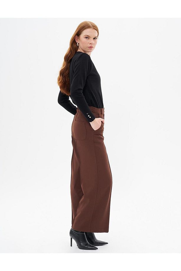 Çima Detaylı Geniş Paça Pantolon Koyu Kahve - 2