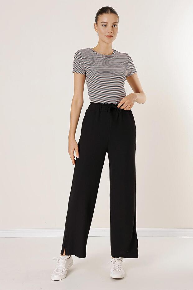 Knitted Trousers with Elastic Waist, Side Slits and Pockets