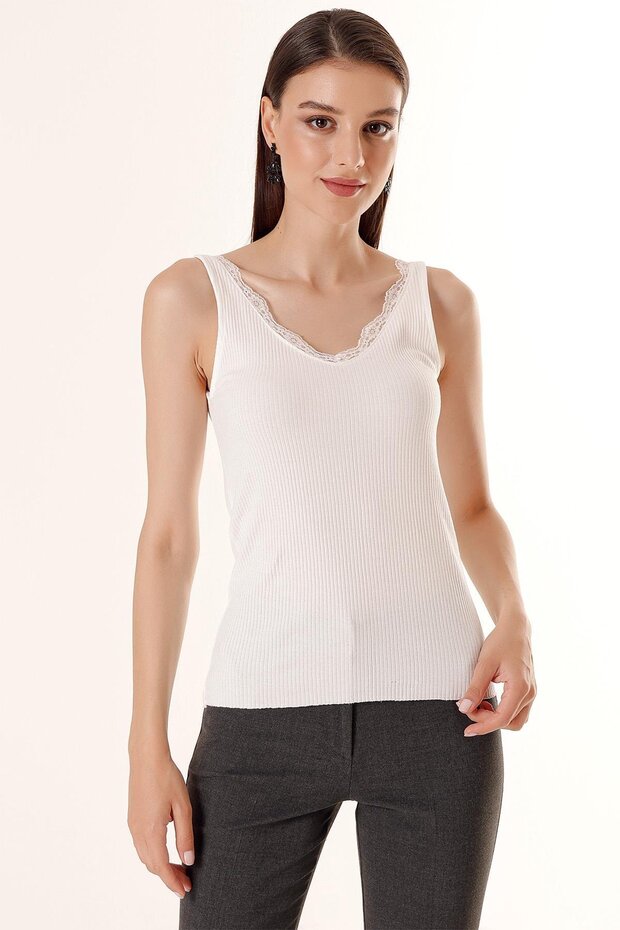 Ön Arka Dantel Kalın Askılı Kaşkorse Atlet - 3