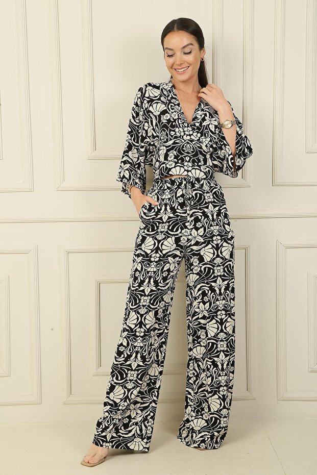 Front Back V Neck Crop Elastic Waist Pocket Palazzo Pants Floral 2 Piece Set