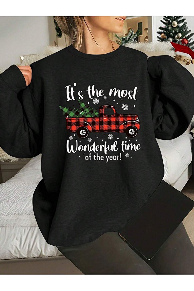Its the Most Wonderful Time Christmas Front Printed Black Oversize Hoodie Sweatshirt6