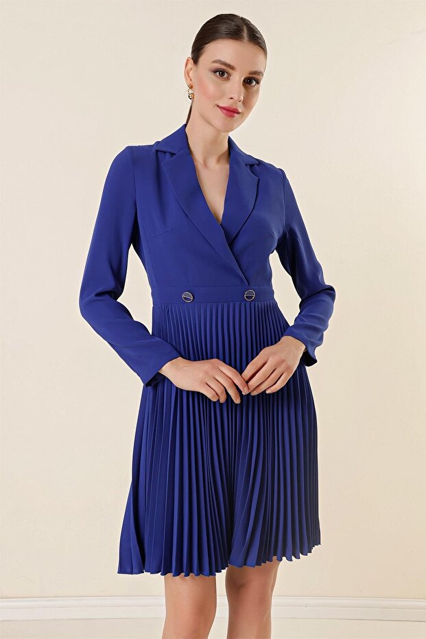 Double Breasted Neckline Button Detail Pleated Long Sleeve Dress