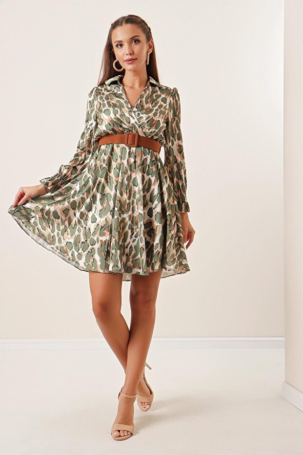 Double-Breasted Neckline Leopard Print Lined Satin Dress with Waist Belt